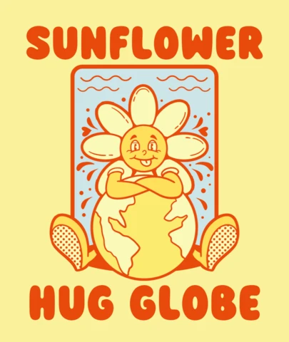 Diseño de camiseta con un girasol abrazando el globo, un símbolo de amor por el planeta.