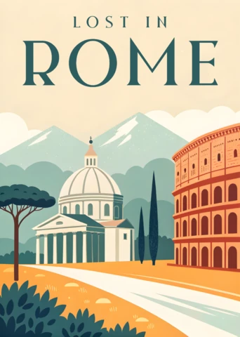 Vintage reisontwerp sjabloon met iconische bezienswaardigheden van Rome voor posters