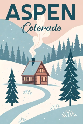 Plantilla de diseño de paisaje invernal con cabaña acogedora y pinos para souvenirs imprimibles de aspen.