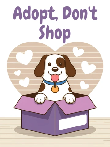 Plantilla de diseño de perro "Adoptar, no comprar" para volantes de adopción de mascotas.