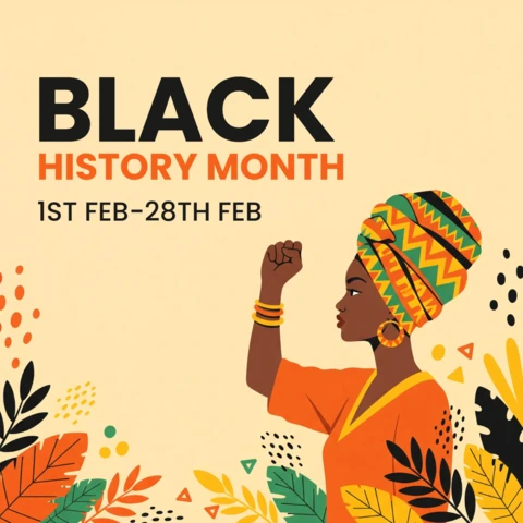 Black History Month Poster Empowered Woman with Raised Fist, Vibrant Headwrap, and Pan-African Colors Celebrating Heritage and Solidarity