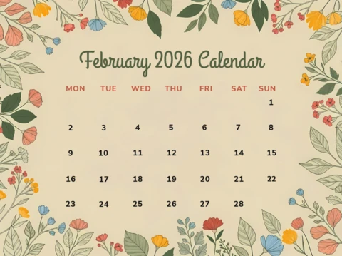 Floral Design Template for February 2026 Calendar