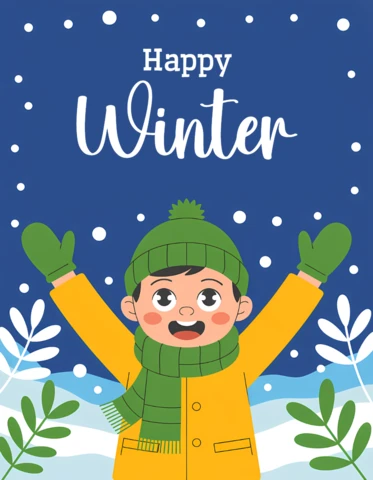 Winterliches Designvorlage für fröhliche Grußkarten mit einem glücklichen Kind in Schal und Handschuhen