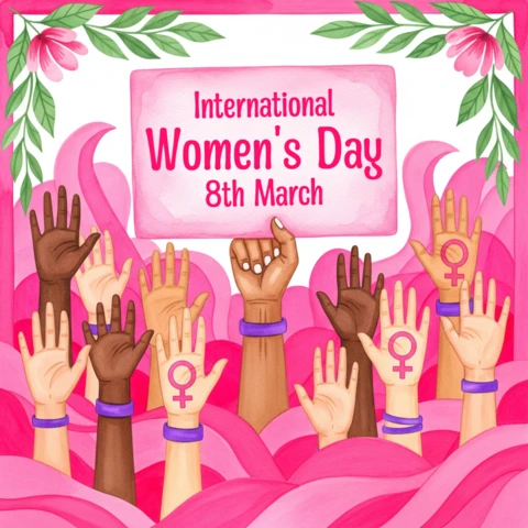 Modèle d'affiche pour la journée internationale des femmes featuring des mains levées, des motifs floraux et un arrière-plan abstrait festif.