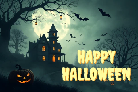 Spooky Halloween Design Template with Haunted House and Bats for Party Invitations