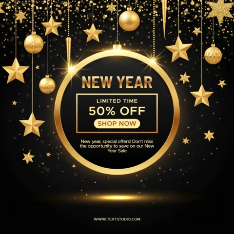 Elegant New Year Sale Design Template with Gold Stars and Baubles for Promotional Flyers