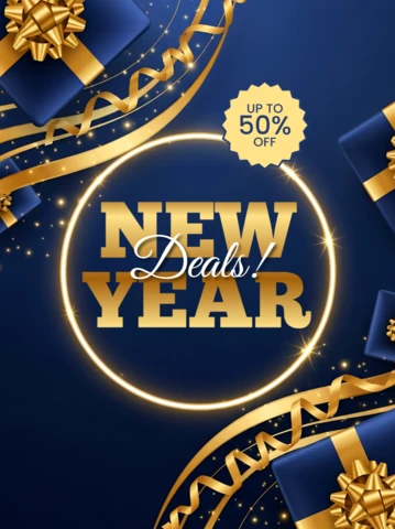 New Year Celebration Design Template with Gifts and Gold Accents for Promotional Flyers