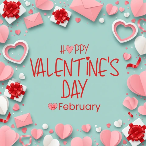 Biglietto d'auguri di San Valentino tema amore giocoso con icone a forma di cuore e accenti di scatola regalo