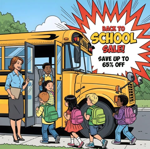 First Day Welcome Comic Style with School Bus, Smiling Kids & Back to School Sale Banner Design Template for Promotional Flyers