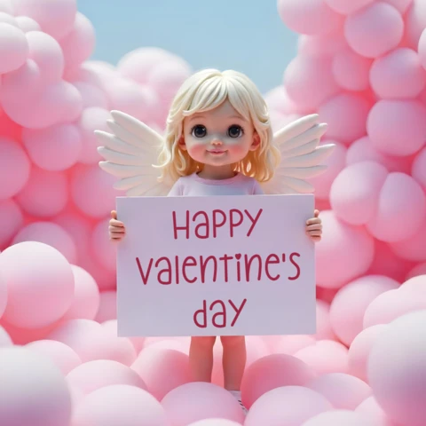 Editable Text On A Sign Held By Adorable Angel For Valentine's Day Greeting Card