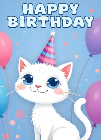 Cute Cat Birthday Card Template with Balloons and Party Hat