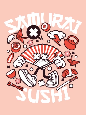 Modèle de conception de t-shirt de personnage de dessin animé de sushi samouraï