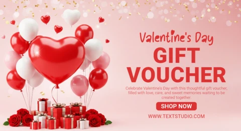 Valentine’s Day Gift Voucher Template Featuring Festive Balloons, Roses, and Gift Boxes for Promotions