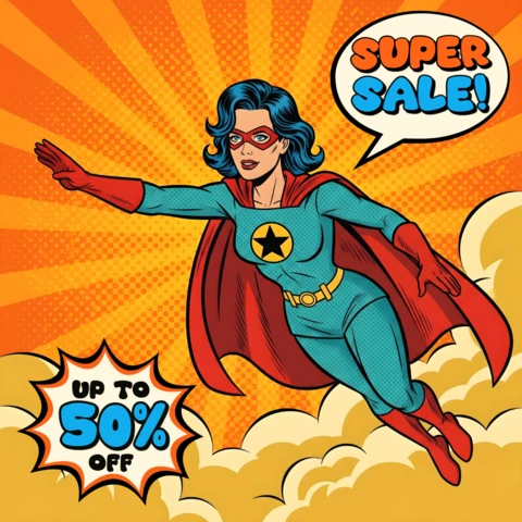 Vente de super-héros de bande dessinée, héroïne volante avec cape rouge et design de burst de réduction pour flyers promotionnels