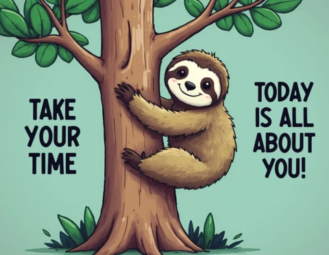 Encantadora ilustración de un perezoso: plantilla de diseño motivacional "tómate tu tiempo" para la relajación y el autocuidado