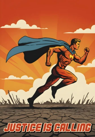 La justicia está llamando al superhéroe corriendo en un diseño de cartel de escena de atardecer post-apocalíptico.