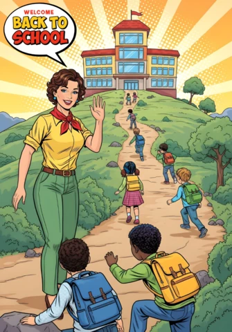 Back to School Students Walking Up Hill Toward Red-Roofed School with Teacher Greeting Poster Design Template