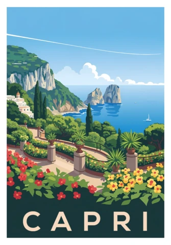Template de pôster de viagem a Capri com vista costeira cênica e flores.