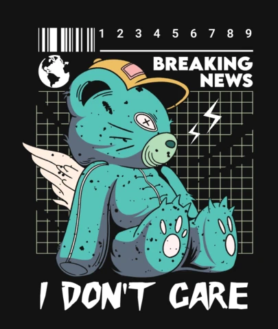 I Don’t Care Graphic Blue Teddy with Wings, Lightning Grid & News Headline T-Shirt Design Template