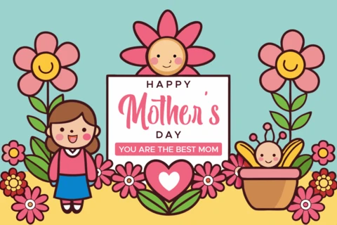 Whimsical Mother's Day Design Template with Cute Characters and Floral Elements
