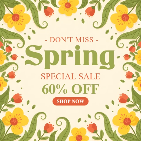 Affiche promotionnelle de vente de printemps avec des fleurs colorées et des réductions limitées dans le temps.