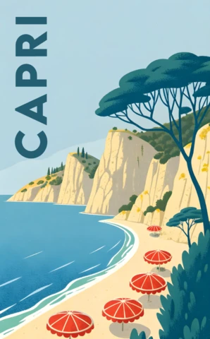 Modelo de design de cena de praia de Capri para pôsteres de viagem