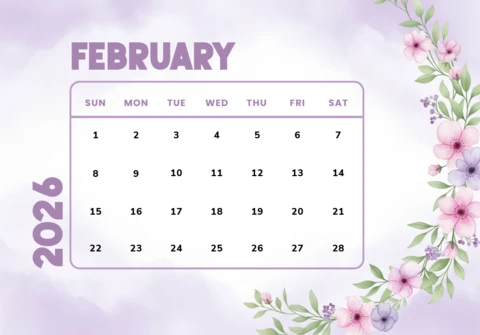February 2026 Calendar Lavender Bloom Glow Theme with Romantic Details and Seasonal Elegance