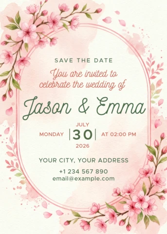 Elegant Cherry Blossom Wedding Invitation Card Template with Soft Pink Floral Arch and Watercolor Design