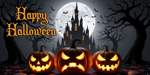 Decorazione per la notte di Halloween, silhouette di castello, foresta nebbiosa e trio di zucche, modello di copertura per Facebook.