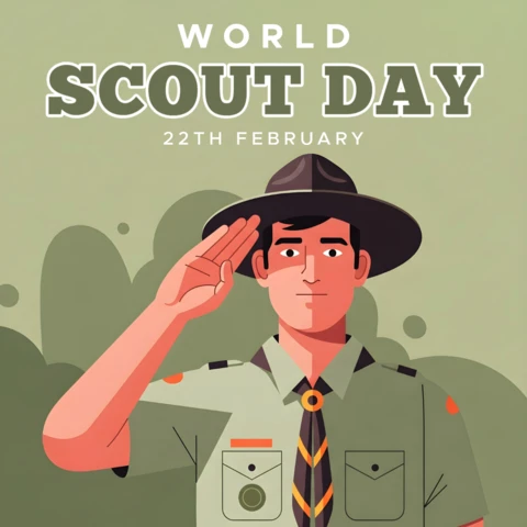 Modèle de conception d'affiche pour la célébration de la journée du scoutisme mettant en vedette un scout au salut.