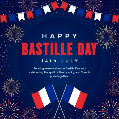Bastille Day Greeting Card with French Flags, Fireworks and National Celebration Theme