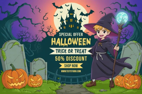 Modello di design manga per Halloween per volantini di dolcetto o scherzetto con un mago dei cartoni animati e zucche.