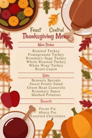 Thanksgiving Menu Design Template with Festive Autumn Elements for Holiday Celebrations