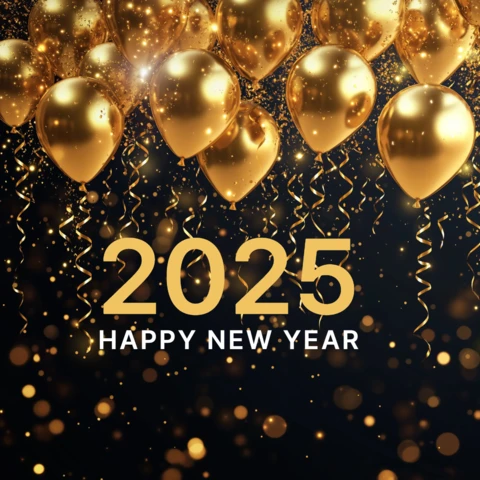 Gold Balloons and Glitter 2025 New Year Card Template