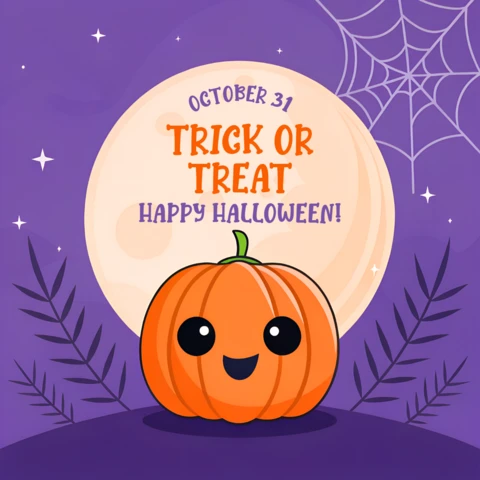 Frohes Halloween lila Grußkarten-Template mit süßem Kawaii-Kürbisdesign