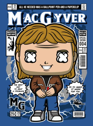 Modelo de design de capa de revista do personagem de desenho animado Macgyver