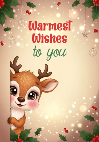 Biglietto d'auguri di Natale con renna che sbircia, ornamenti e agrifoglio che incorniciano i più calorosi auguri per te.