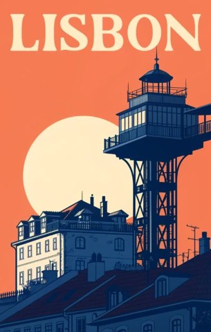 Lisbon Santa Justa Lift Retro Flat Illustration for Travel Posters Template