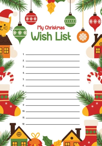 Christmas Wish List Holiday-Themed Template with Candy Canes, Pine Branches, and Cheerful Icons