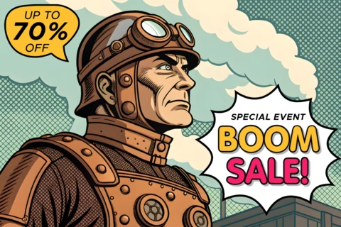 Modèle de vente de style bande dessinée rétro mettant en vedette un personnage steampunk pour des affiches promotionnelles