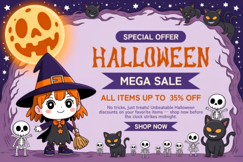 Template di vendita di Halloween fantasioso con design di strega carina per volantini