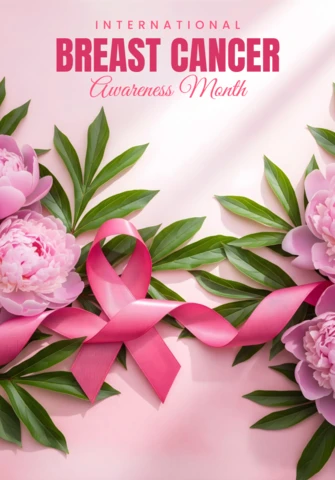 International Breast Cancer Awareness Month Pink Ribbon & Blooming Peonies Poster Design Template