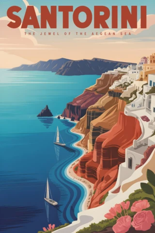 Beyaz binalar, Ege Denizi'ne bakan mavi kubbeler, Santorini seyahat posterleri tasarım şablonu.