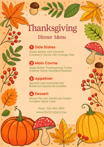 Modèle de menu de dîner de Thanksgiving avec un design de feuilles d'automne et de champignons