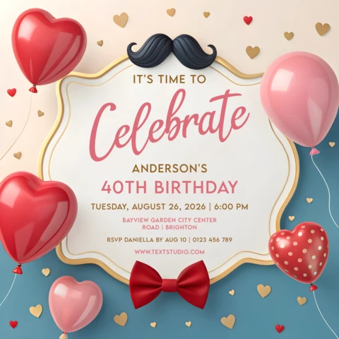 Plantilla de celebración de cumpleaños festivo con globos en forma de corazón y diseño elegante.