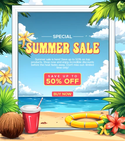Plantilla de diseño de rebajas de verano con vibraciones tropicales y descuentos llamativos