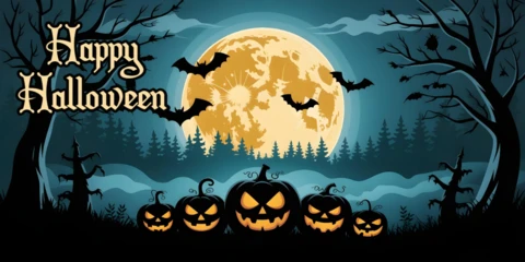 Szablon projektu okładki YouTube z nietoperzami w blasku księżyca Halloween, lasem i świecącymi lampionami jack-o'-lanterns