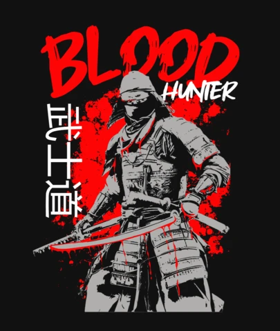 Samurai Blood Hunter Tee Fierce Warrior in Mask & Kanji T-Shirt Design Template