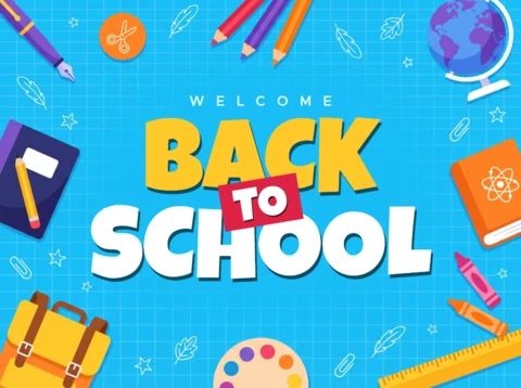 Welcome Back to School Banner with Colorful Educational Supplies and Stationery Items On a Blue Background