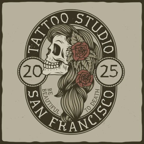 Tattoo Studio Woman Skull T-Shirt Design Template